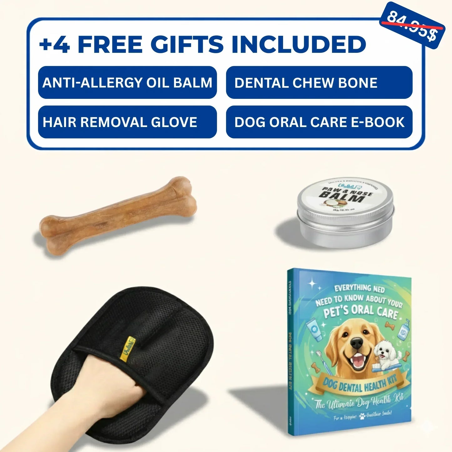 Promotional image showing 4 free dog care gifts: anti-allergy balm, dental chew bone, hair removal glove, and dog oral care e-book