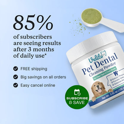 Velita Pet Dental Cleaning Powder with green powder scoop, benefits, and 85% users see results