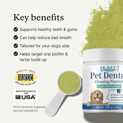 Velita Pet Dental Cleaning Powder with key benefits and green powder scoop on white background