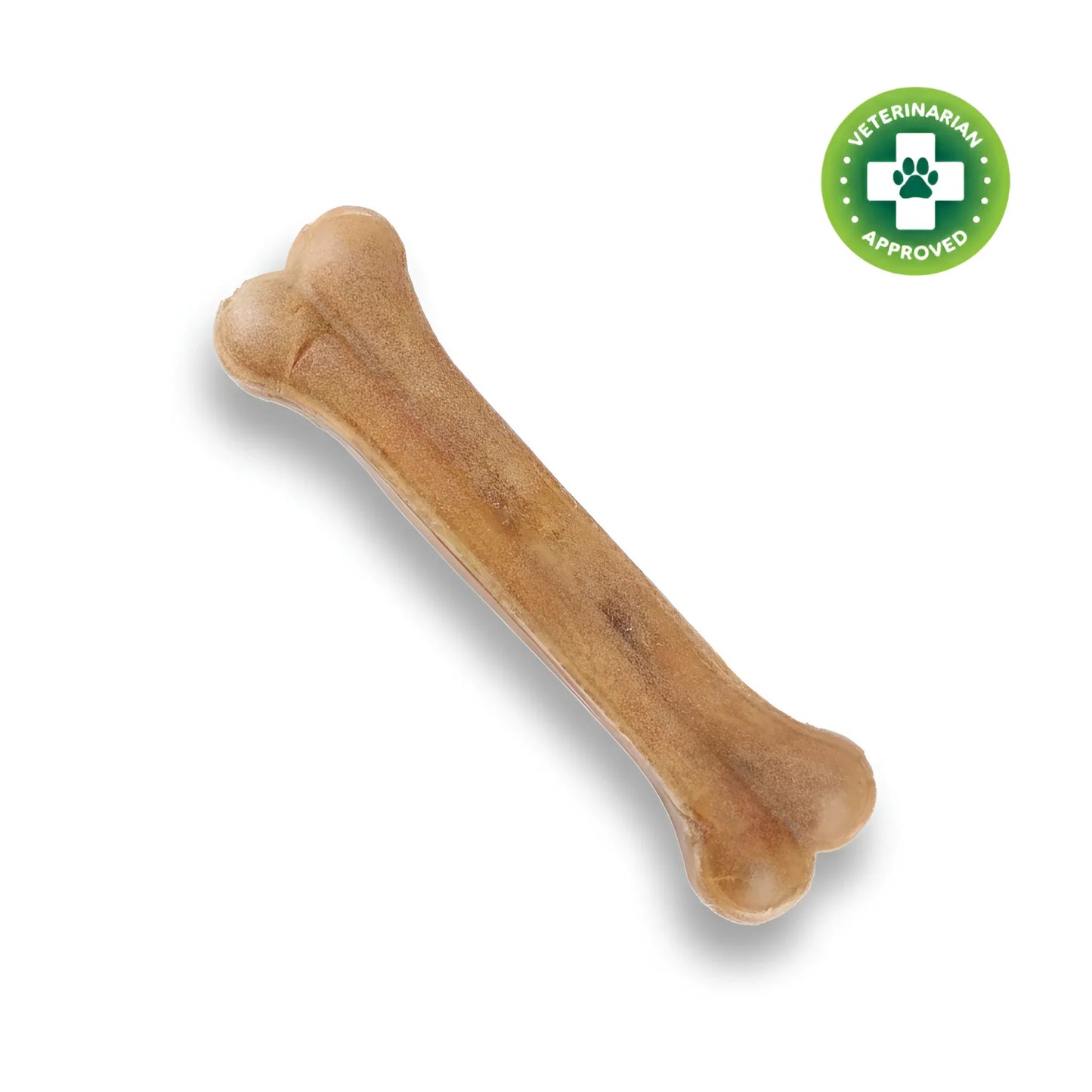 Brown dog chew bone with veterinarian approved green badge on white background