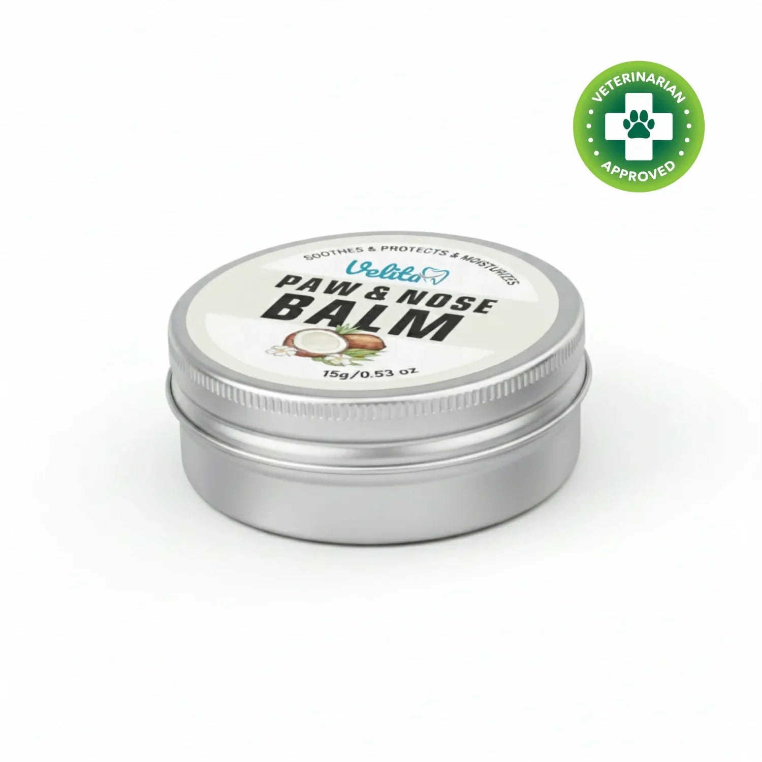 Velita Paw & Nose Balm tin for pet care with coconut illustration and veterinarian approved badge